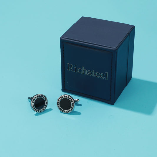 RichSteel Cuff Links Black Agate Viking Runes Cuff Link in Stainless Steel